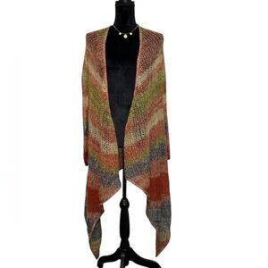 Lucky Brand Open Knit Wool Multicolor Drape Asymmetrical Cardigan Rust Olive M